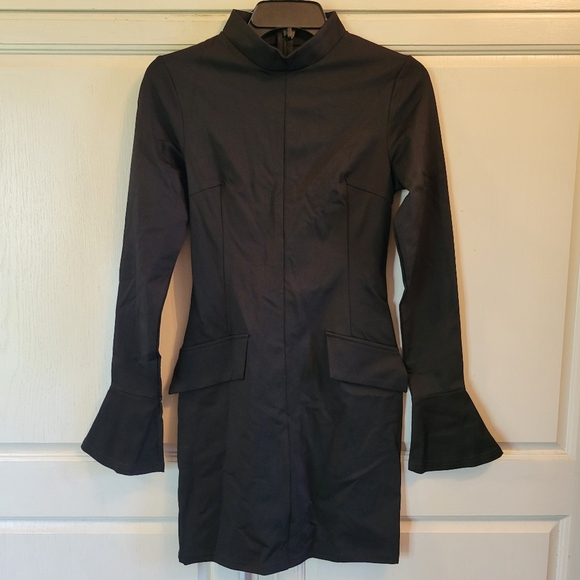 Black Bodycon Stretchy Dress With High Neck Long Sleeves - Picture 1 of 9